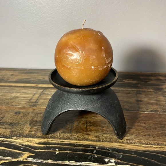 Heavy duty cast iron candle holder black.  Candle not included gold accents MCM - Picture 4 of 11